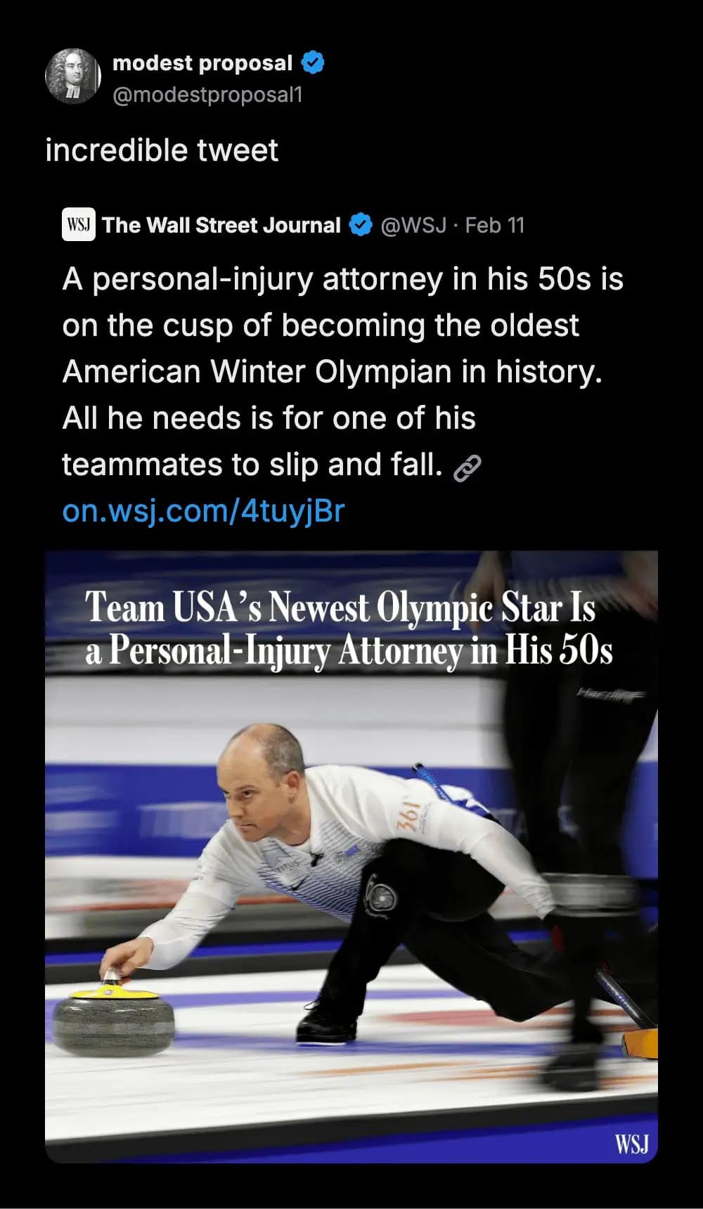 A funny meme tweet highlighting the irony of a personal-injury attorney joining the Olympic curling team, noting he just needs a teammate to "slip and fall" to compete.