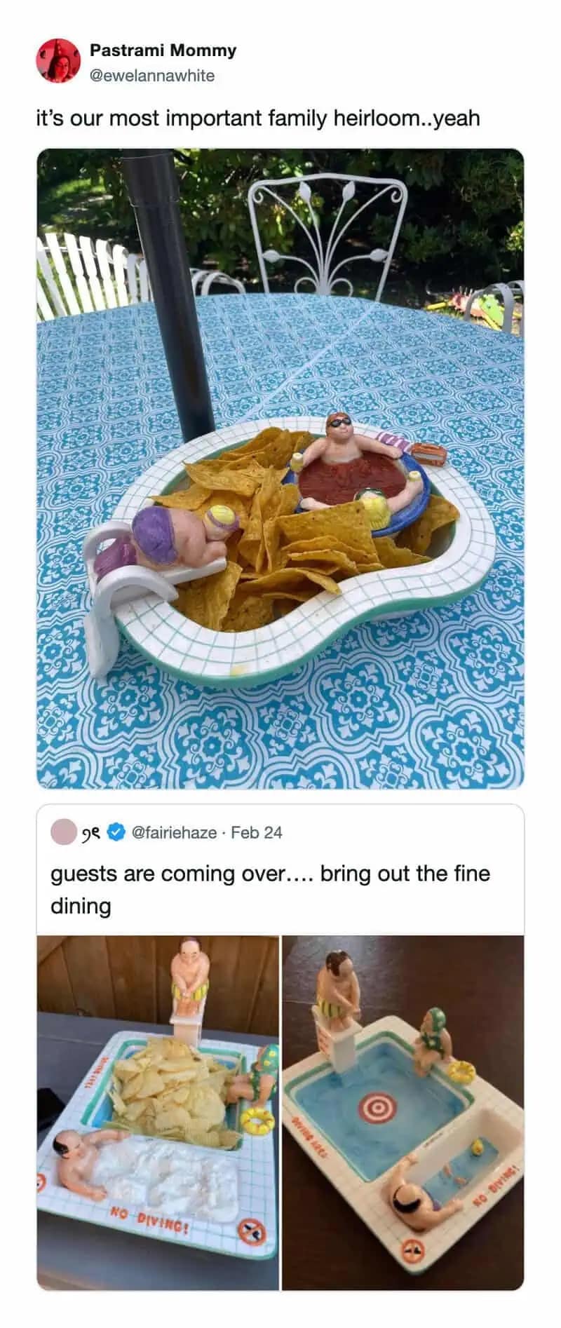 Hilarious memes showing bizarre vintage ceramic chip and dip trays designed as swimming pools with little fat men figures swimming directly in the salsa