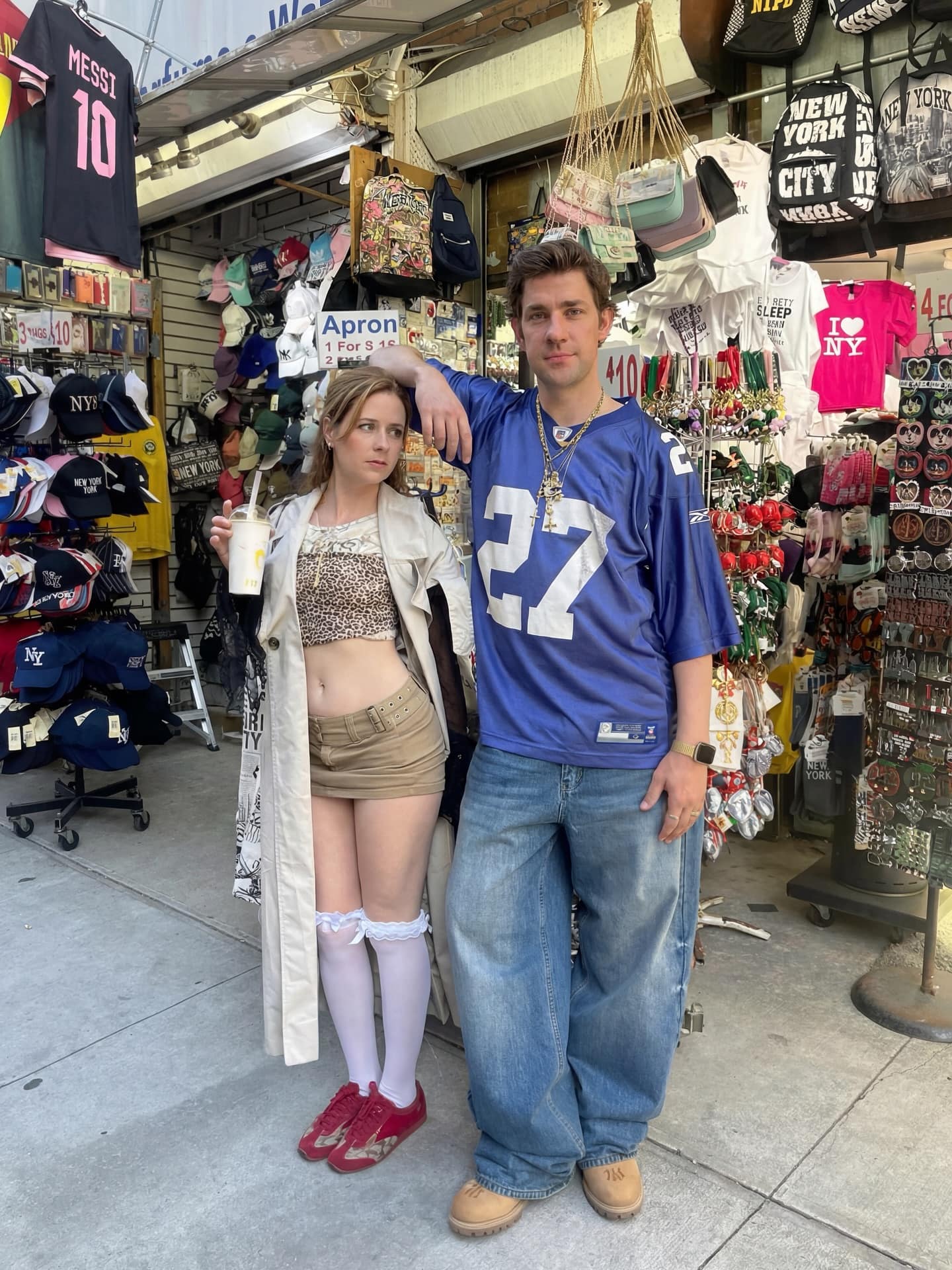 An incredible celebrity lookalike funny meme featuring a couple on a city street who look exactly like Jim and Pam from The Office, but dressed in aggressively early 2000s streetwear and Y2K fashion, making it a top-tier meme dump find.