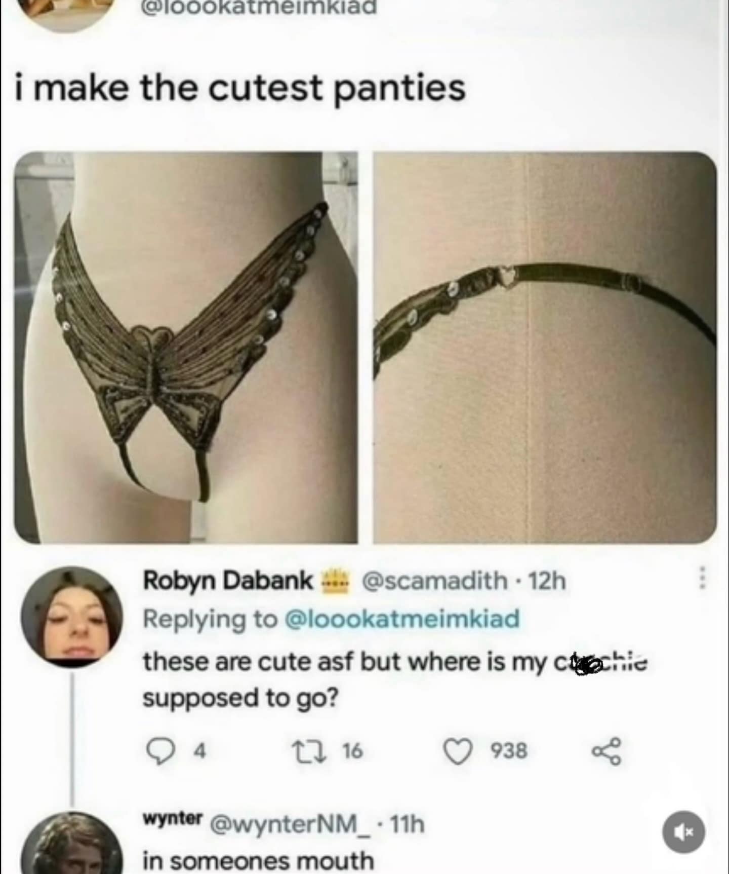 A hilarious meme interaction on Twitter where a designer shows off butterfly panties and a commenter asks where their body part is supposed to go.