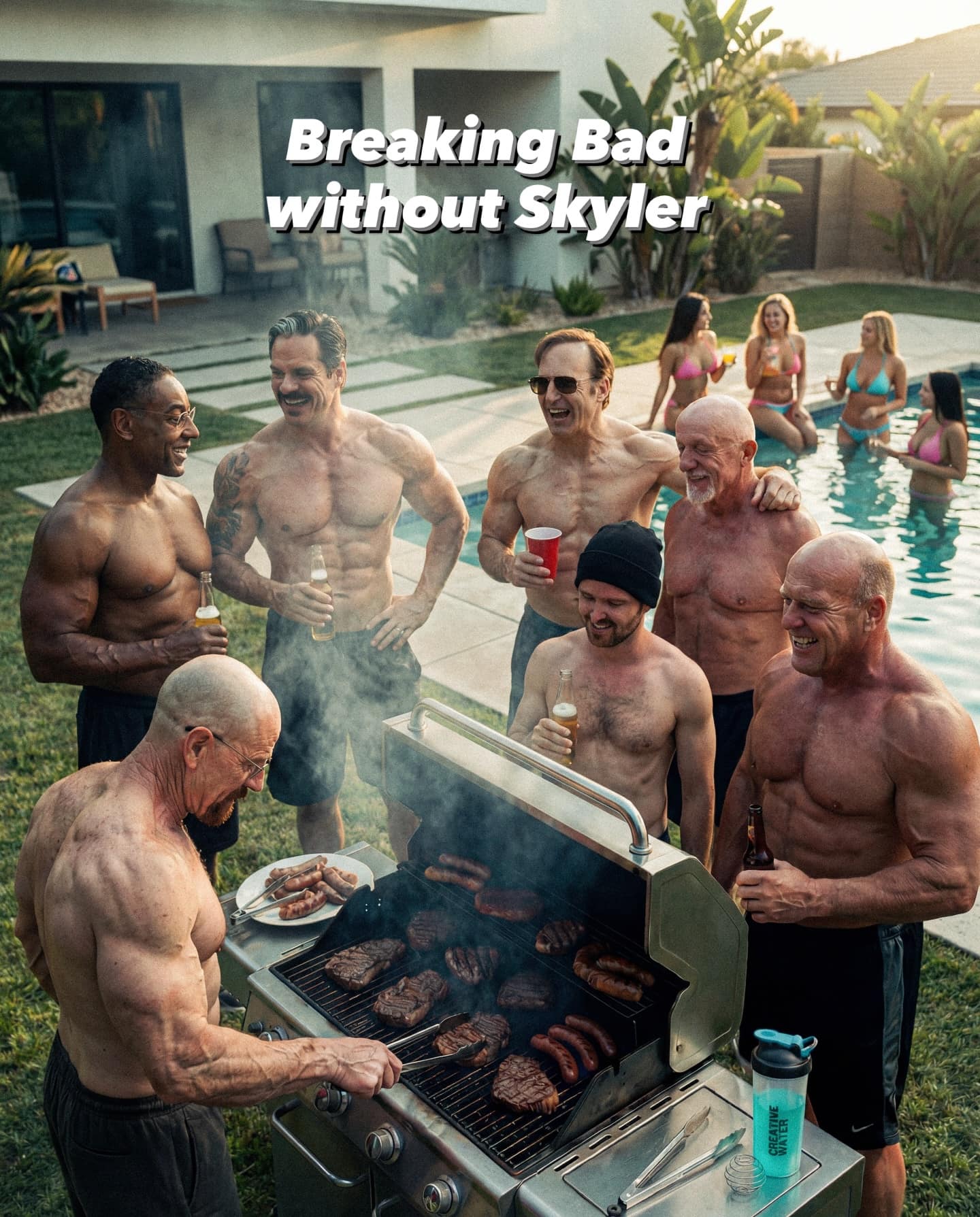 A funny meme imagining a happy alternative timeline for Breaking Bad called "Without Skyler," showing all the male characters enjoying a wholesome pool party.