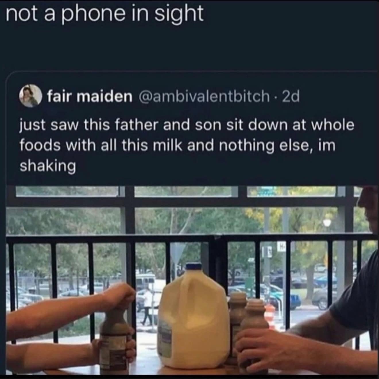 An unhinged grocery store observation among these hilarious memes, capturing a father and son sitting at a Whole Foods table to aggressively consume an entire gallon of milk and two chocolate milks.