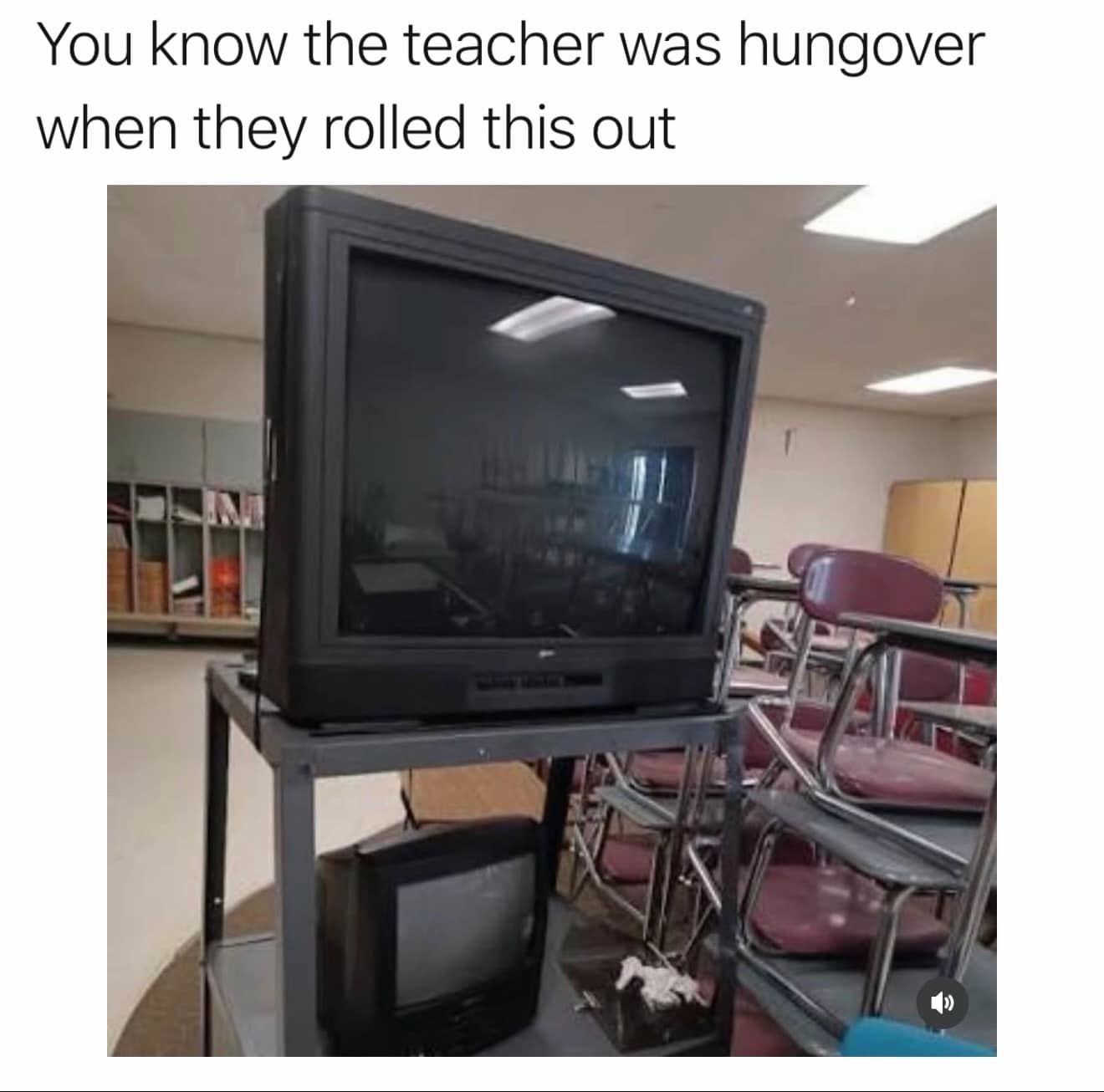 Heavy CRT TV strapped to a rolling cart. Nostalgic school joke about teachers putting on a movie when they are hungover.