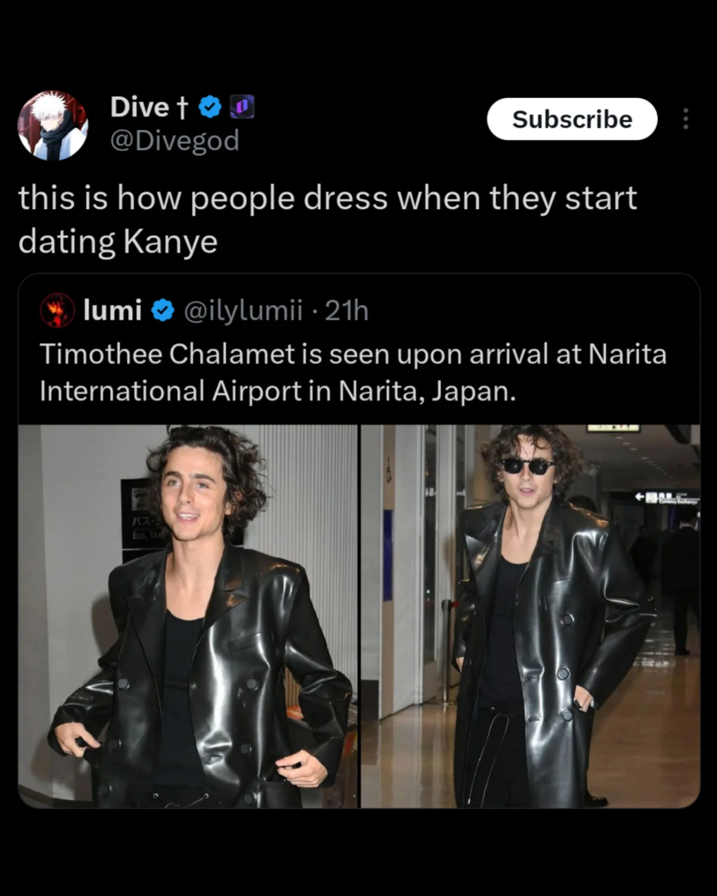 A meme dump tweet roasting Timothée Chalamet's leather outfit by comparing it to the specific style people adopt when they start dating Kanye West.