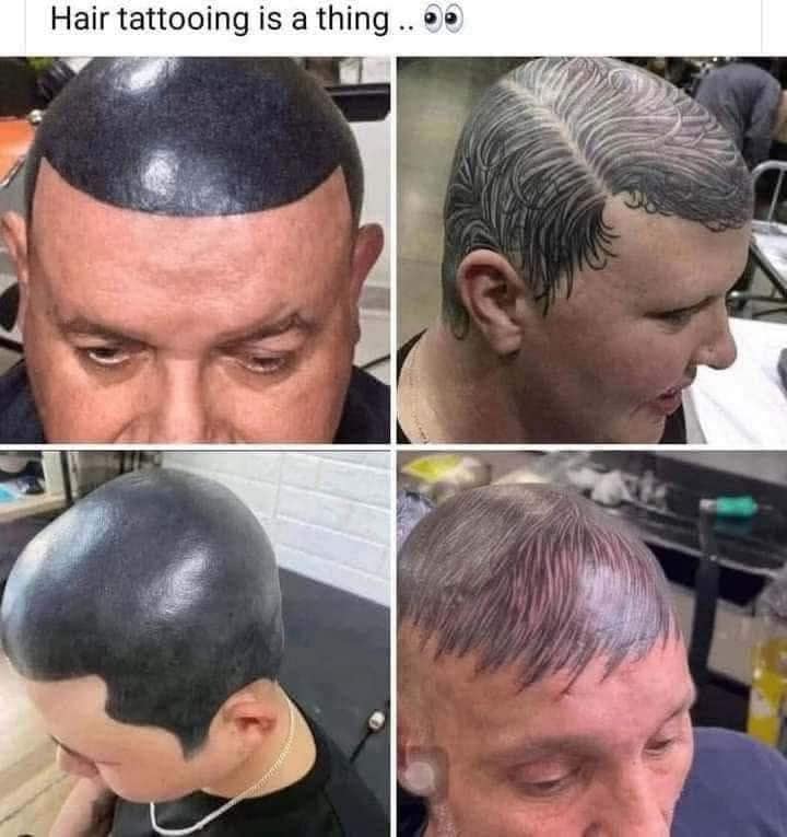 A tragic and fascinating meme dump collage showcasing the highly questionable trend of "hair tattooing," where bald men have horribly unconvincing hairlines permanently inked onto their bare scalps.