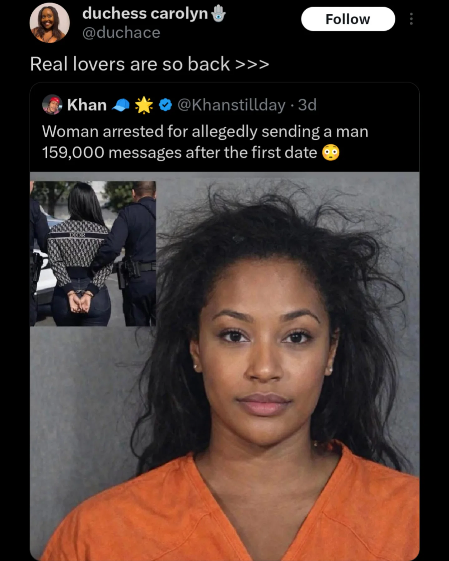 A hilarious meme tweet reacting to a news story about a woman sending 159,000 messages by declaring that real lovers are so back.