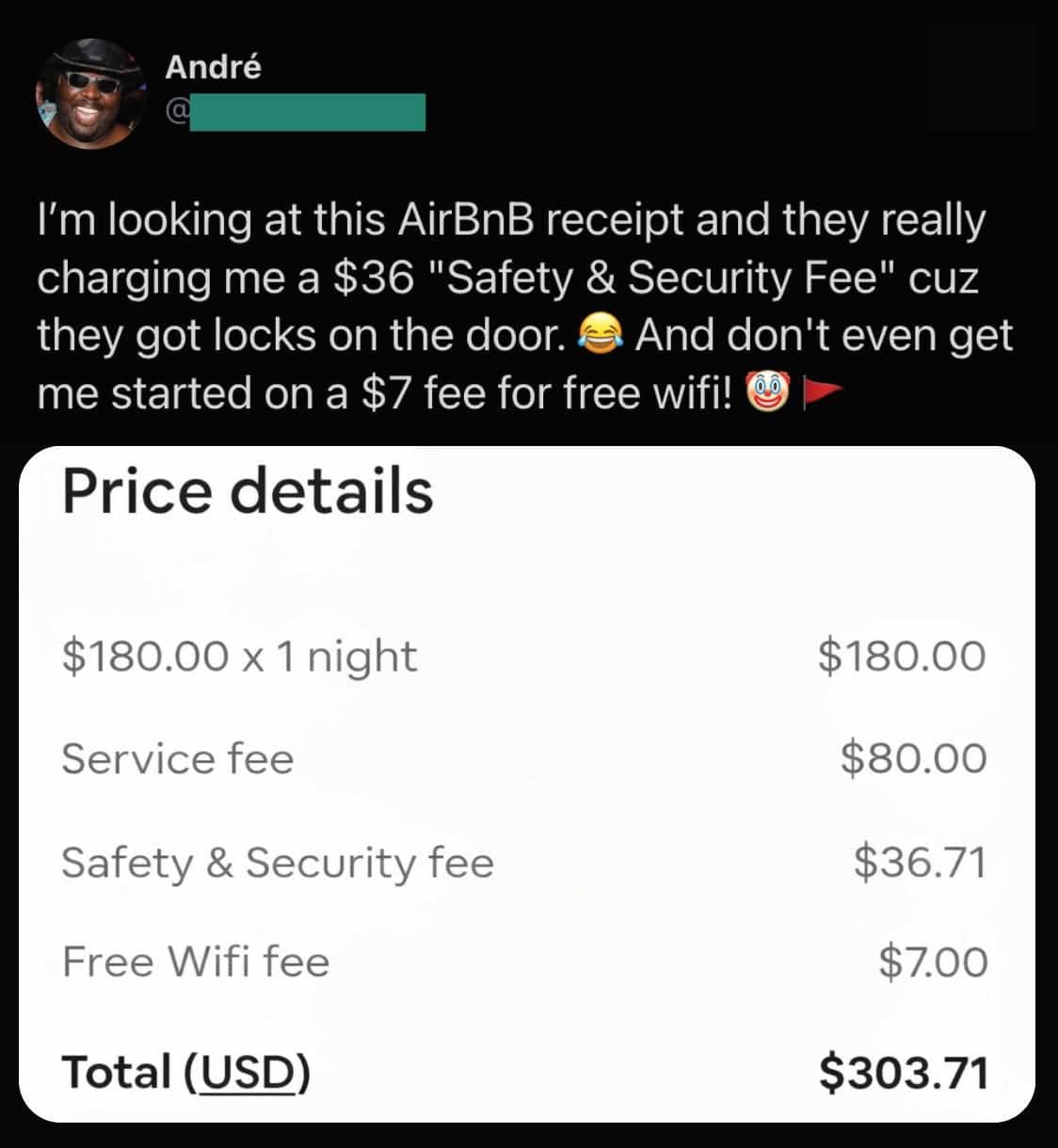 Ridiculous vacation rental receipt showing absurd hidden costs including a safety and security fee for door locks and a seven dollar fee for free wifi. Hilarious memes.