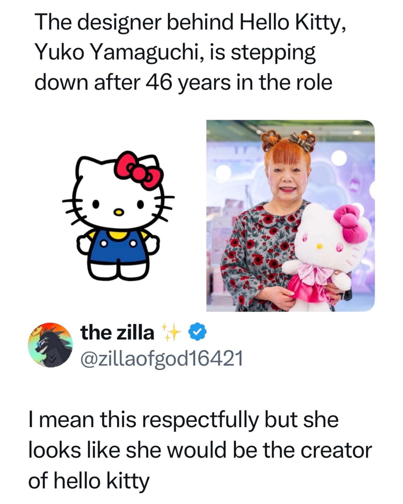 A meme dump tweet celebrating Yuko Yamaguchi stepping down after 46 years, observing that she perfectly embodies the aesthetic of the Hello Kitty character she designed.