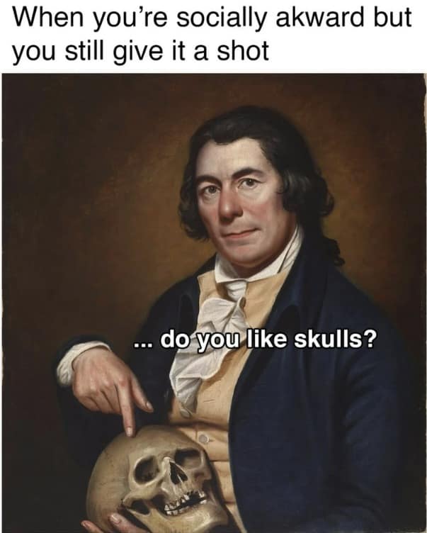 Classical portrait of a man pointing at a skull. Used as a funny reaction image for terrible socially awkward icebreakers.