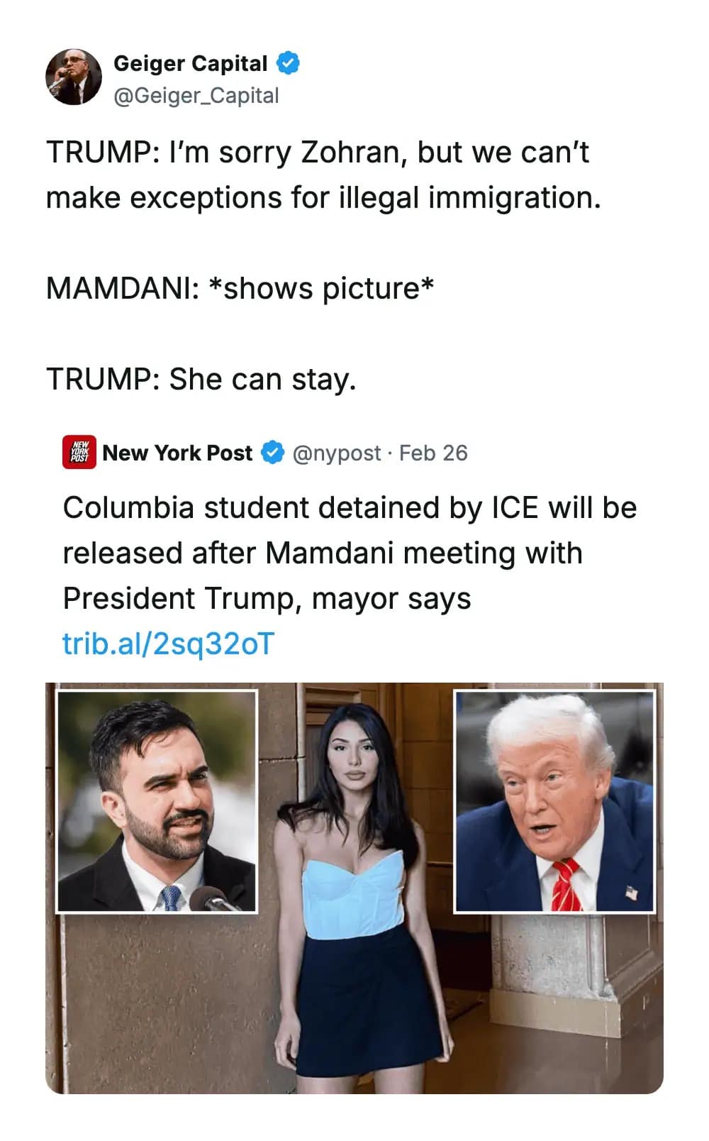 Satirical political meme dump showing a news headline about an attractive college student getting released by ICE after a persuasive meeting with the president