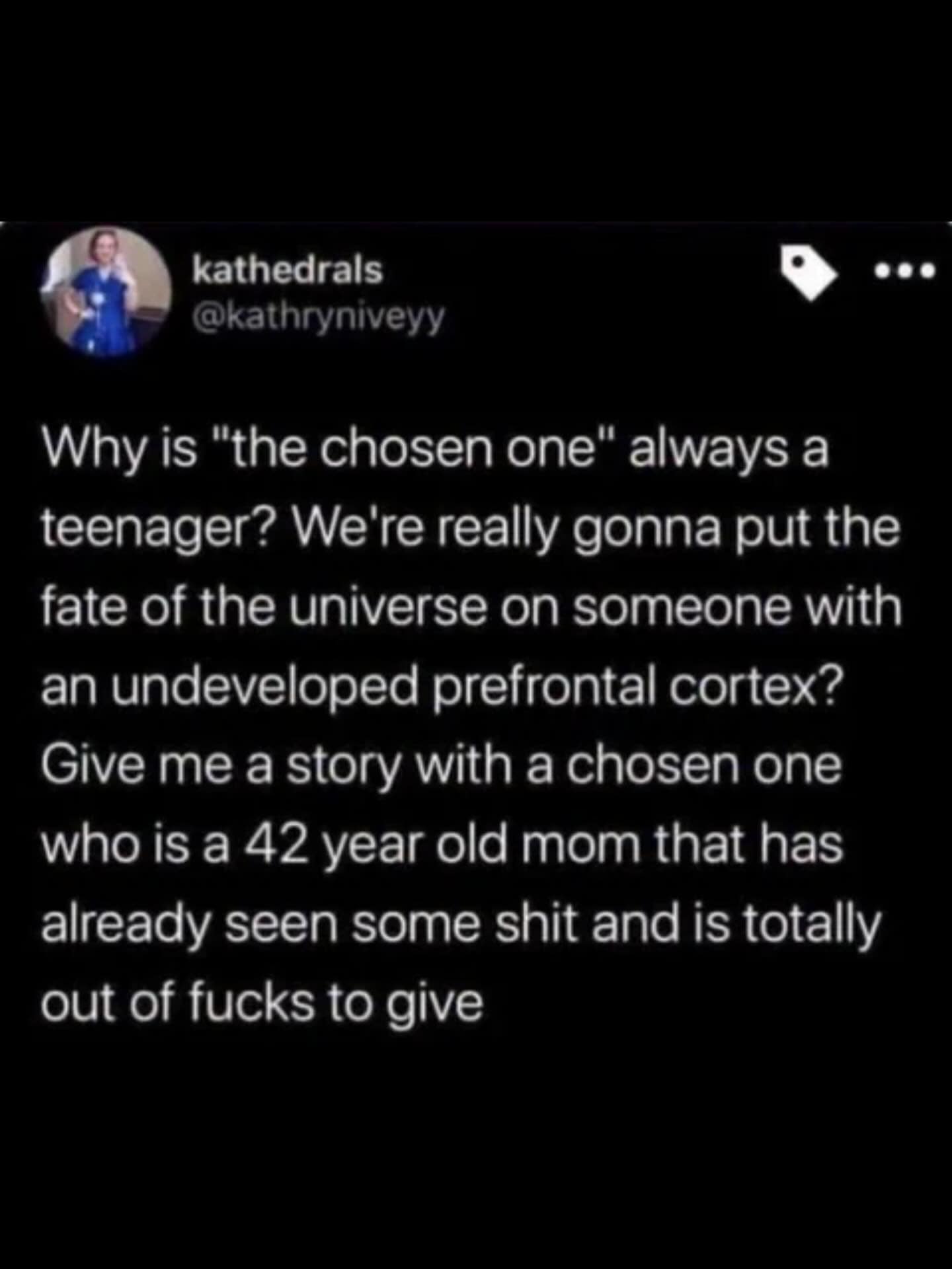 A thought-provoking meme dump tweet asking why the "chosen one" in sci-fi is always a teenager with an undeveloped prefrontal cortex, demanding instead a 42-year-old mom who is totally out of cares to give to save the universe.