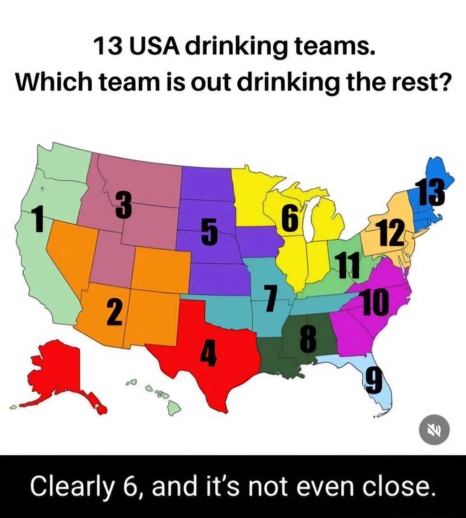 US map showing regional drinking teams where the Midwest wins easily. A relatable internet joke for Wisconsin and Michigan.