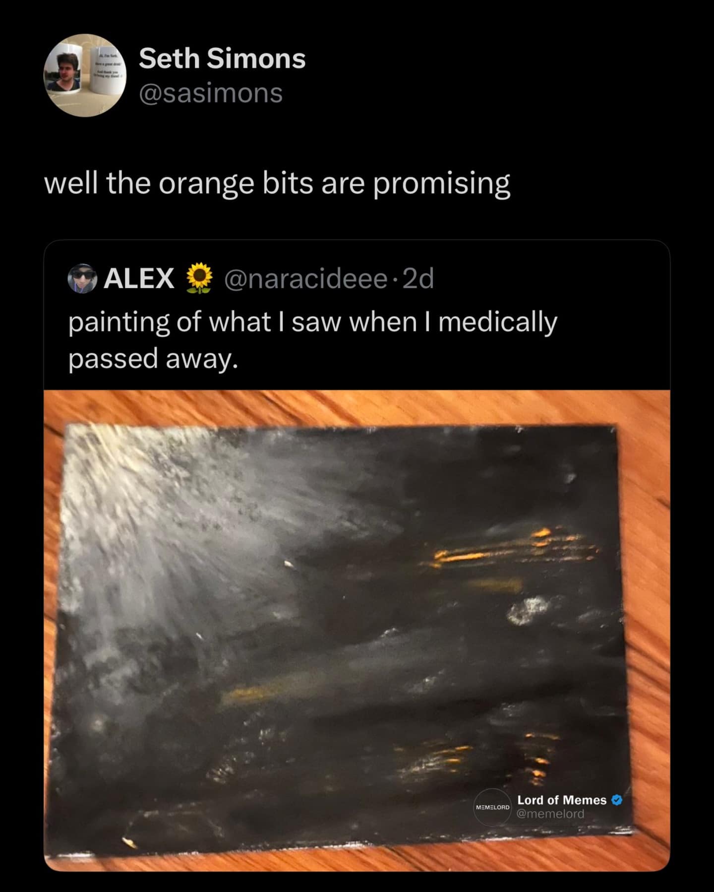 A dark humor meme dump tweet reacting to a gloomy, pitch-black painting of what a user "saw when they medically passed away" by joking that the fiery orange flames at the bottom are "promising" signs of Hell.