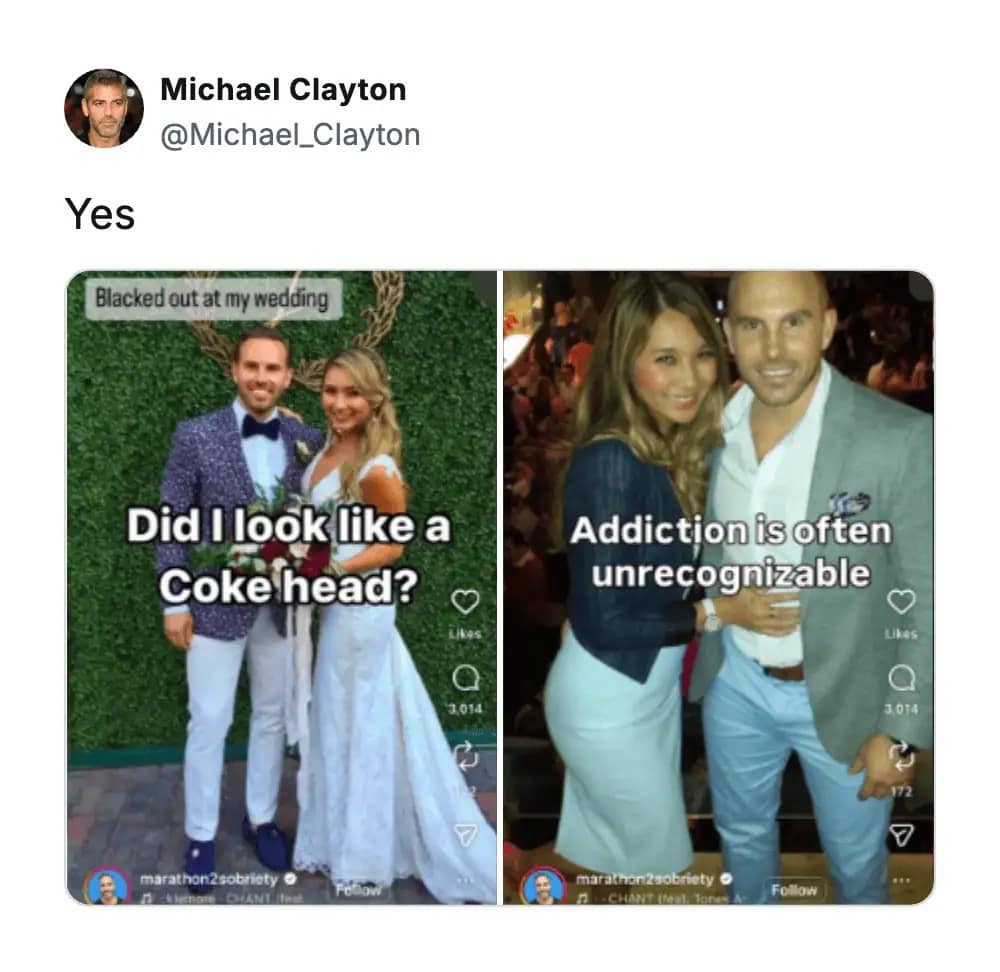 A brutally honest meme dump post showing a guy asking if he "looked like a Coke head" at his wedding, paired with a flat "Yes" response pointing out his intense, wide-eyed stare in the photos.
