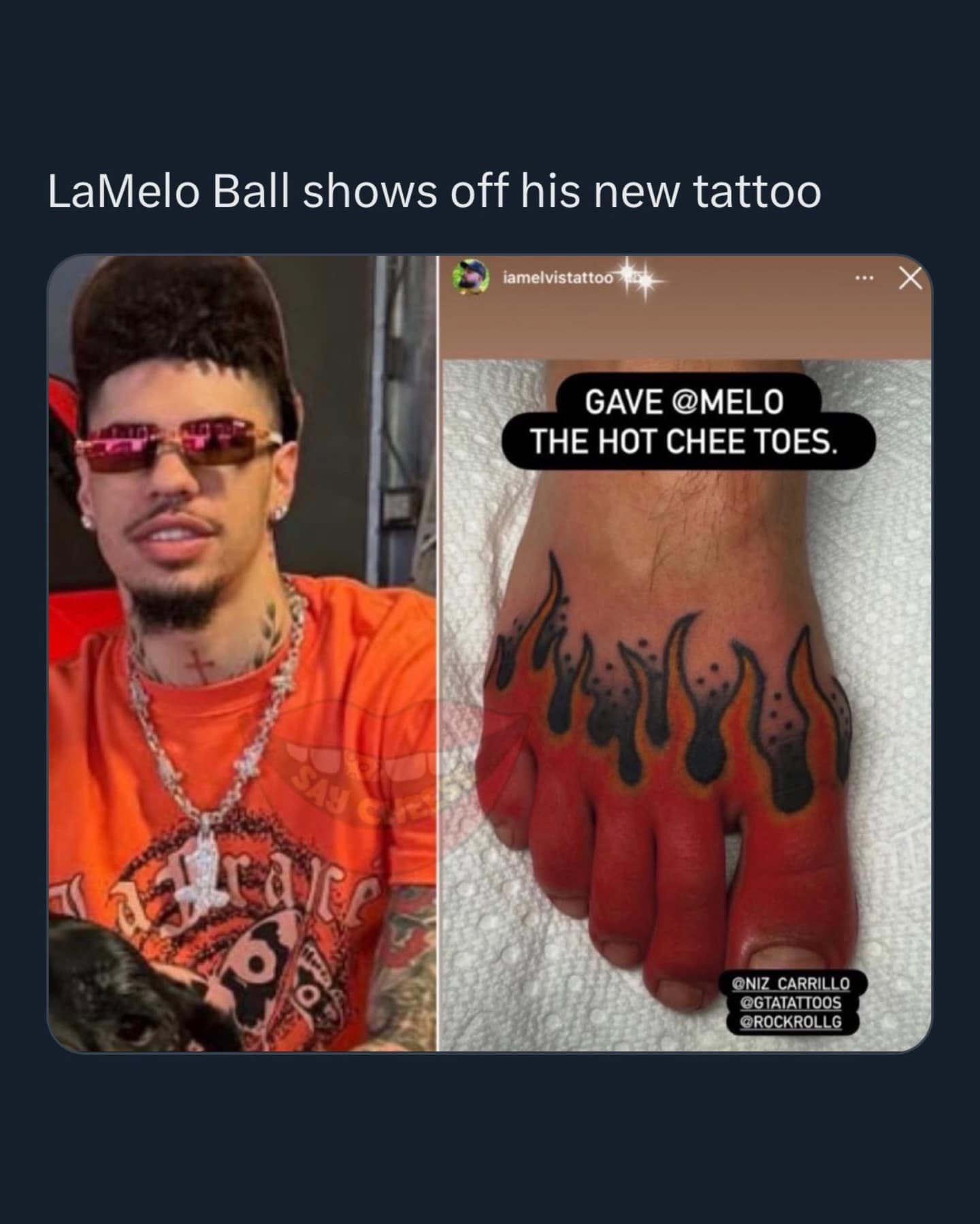 A wild tattoo meme dump featuring NBA player LaMelo Ball and his bizarre new foot tattoo of bright red and orange flames, aptly nicknamed the "Hot Chee Toes."