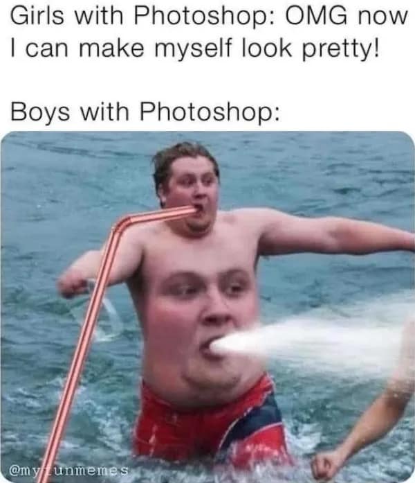 A chaotic "Girls vs. Boys" hilarious meme comparing "making myself pretty" to a cursed Photoshop edit of a man extending his mouth three feet to drink from a straw.