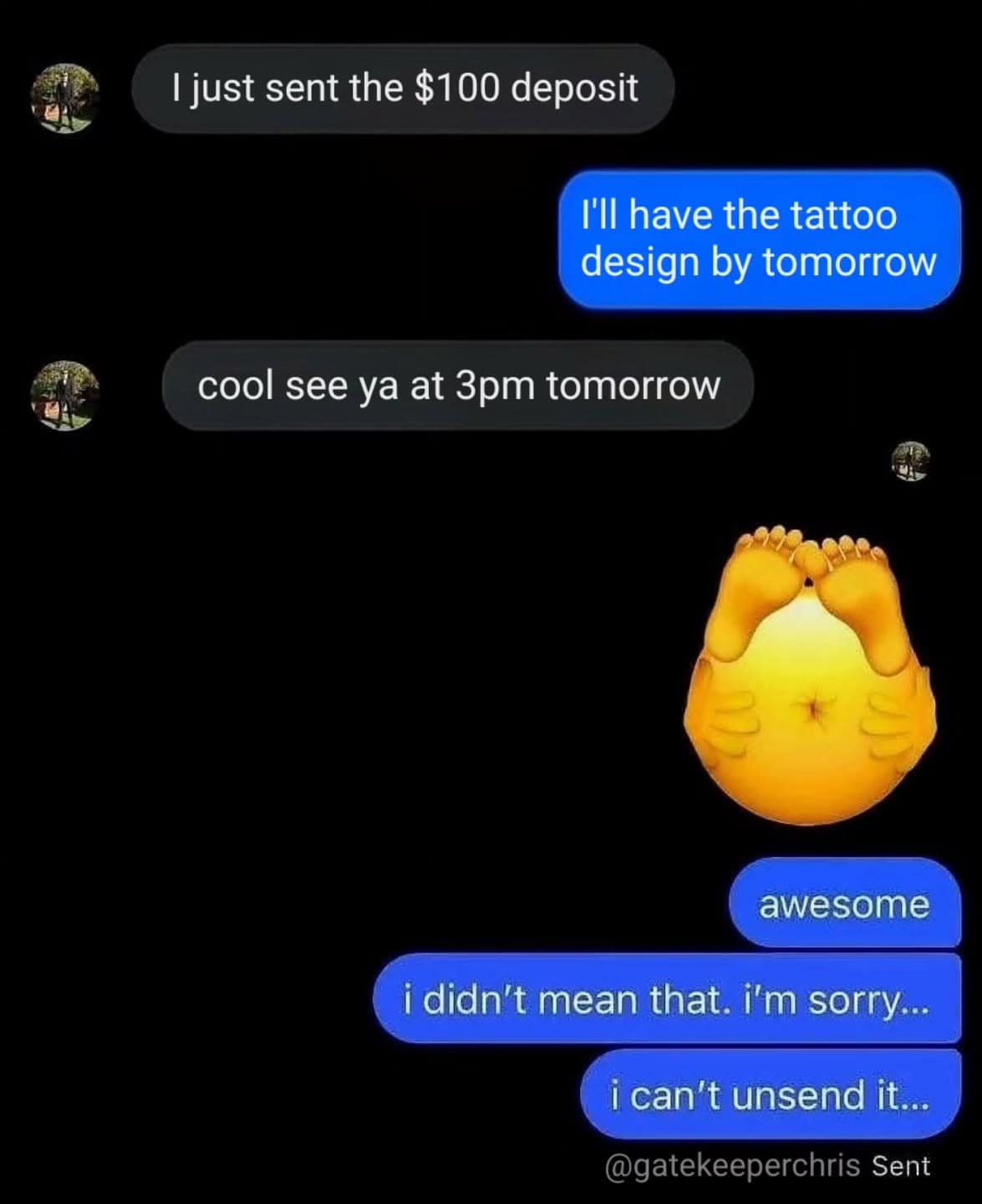 An excruciatingly awkward texting funny meme where a client accidentally sends their tattoo artist a sticker of a naked, bending-over Garfield right after confirming their appointment time.