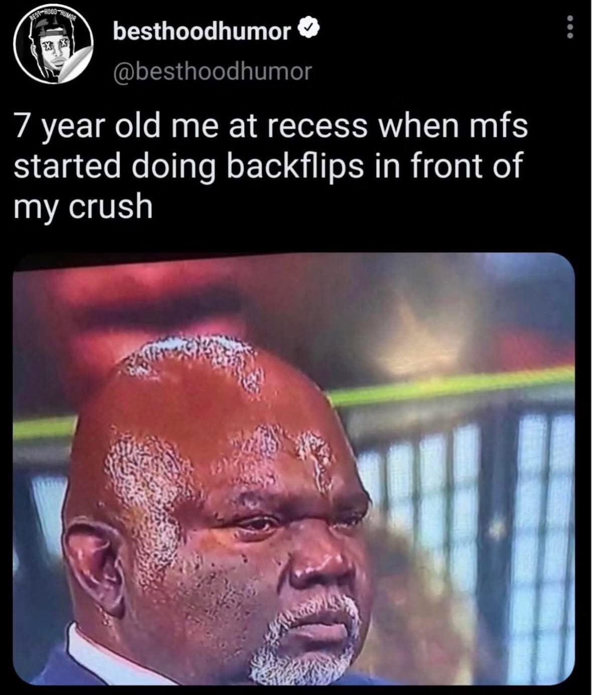 A specific childhood nostalgia funny meme using a sweating man reaction image to depict the intense jealousy of a 7-year-old watching someone do backflips in front of their crush.