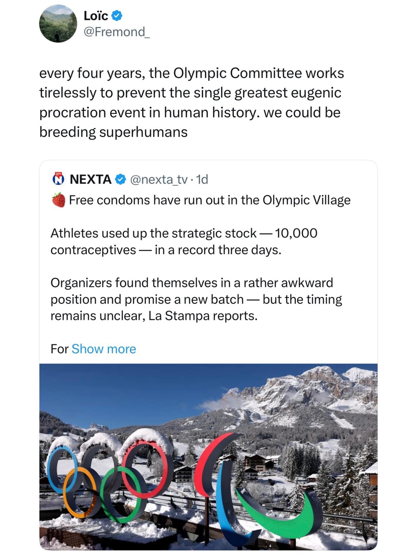 A brilliant Olympic meme dump pointing out that athletes using 10,000 condoms in three days means the Olympic Committee is actively stopping the "greatest eugenic procreation event in human history."
