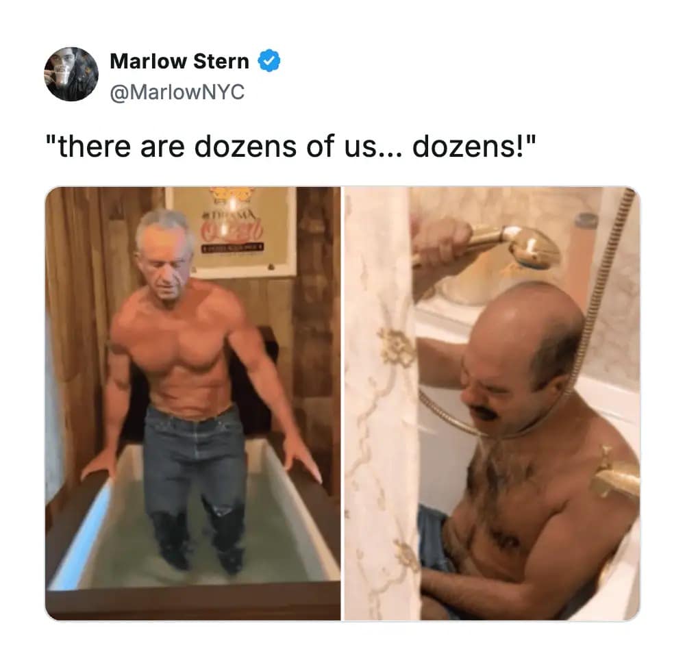 A brilliant television crossover in these funny memes, comparing a bizarre video of a man fully clothed in an ice bath to the iconic "never nude" Tobias Fünke crying in the shower in his denim cutoffs.