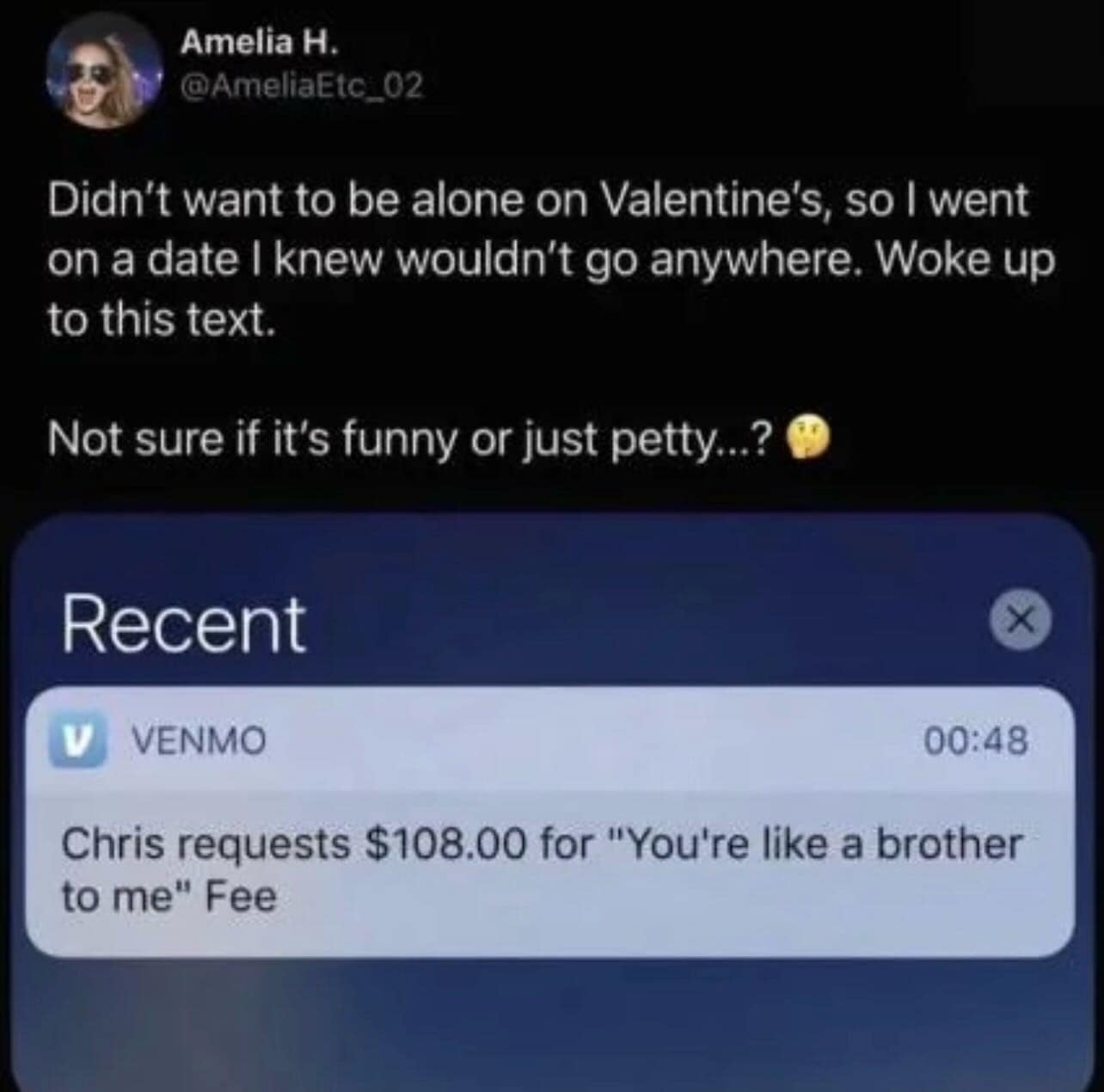 A savage modern dating meme dump showing a Venmo notification where a guy requests $108.00 from his failed Valentine's date, blatantly labeling it the "You're like a brother to me" fee.