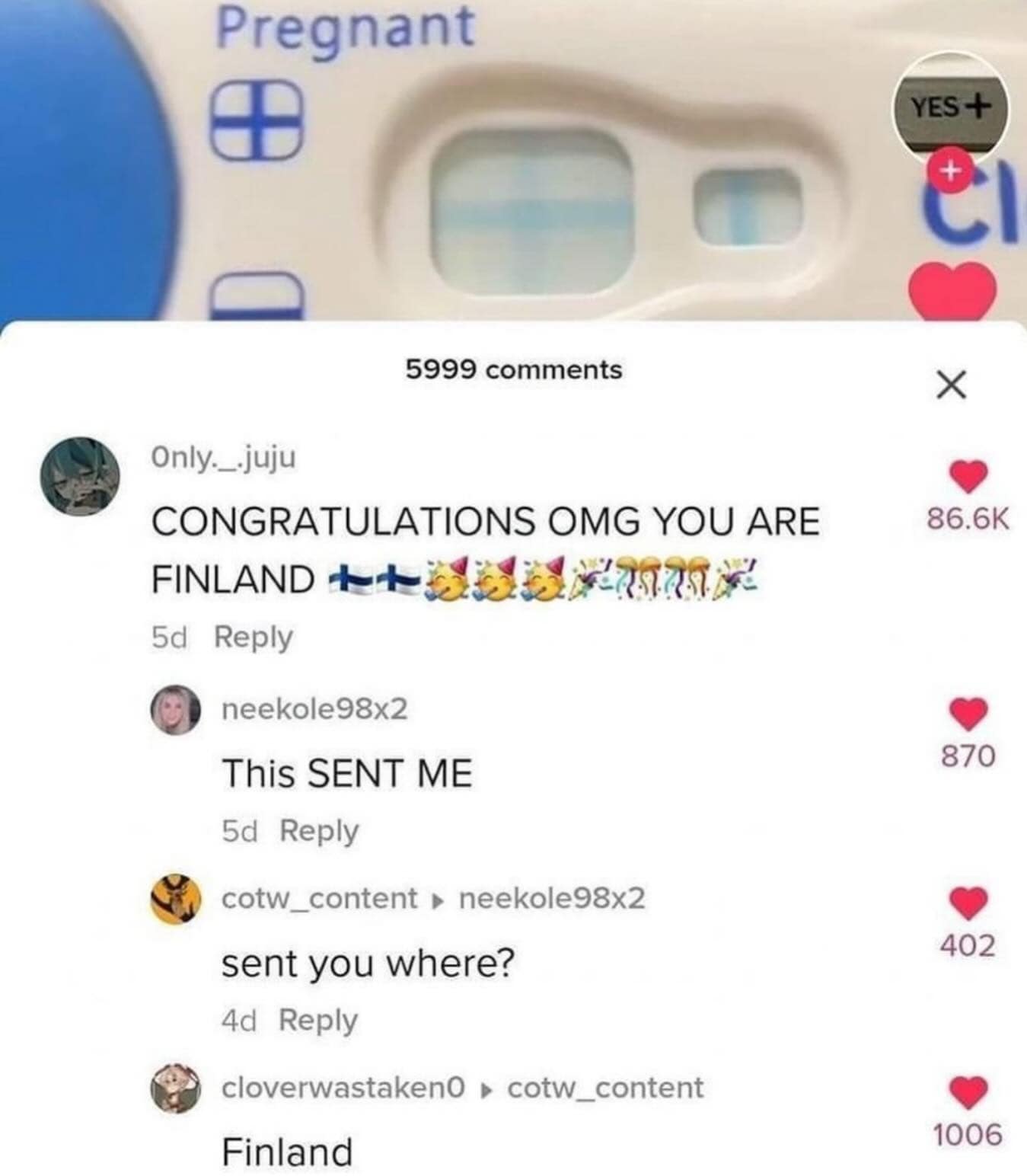 Positive pregnancy test with a funny comment accidentally congratulating the woman for being Finland instead of pregnant.