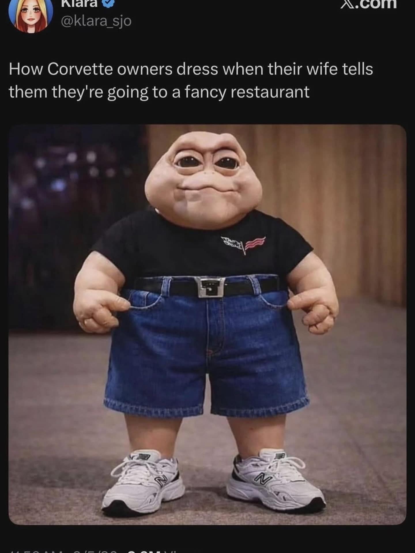 A pinpoint accurate fashion roast funny meme using the baby from the TV show Dinosaurs dressed in jorts, New Balances, and a black tee to mock how "Corvette owners dress" for fancy restaurants.