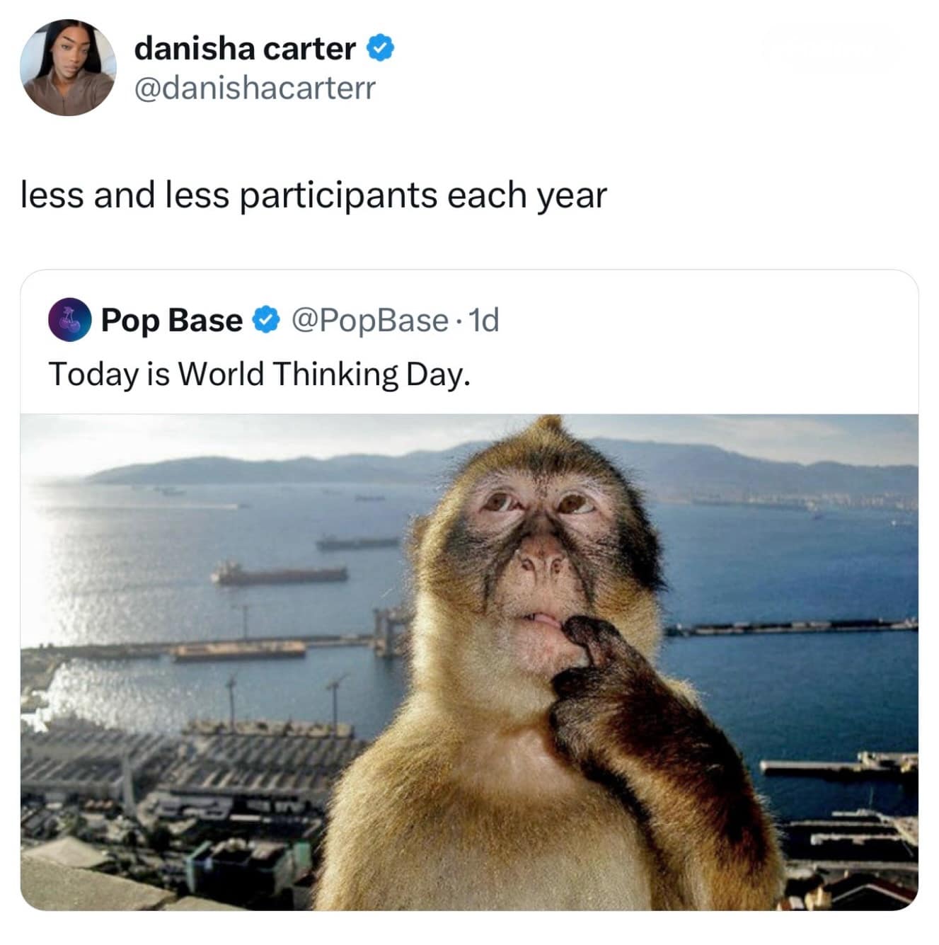 Thinking monkey looking at a city skyline. Sarcastic joke about World Thinking Day having fewer participants each year.