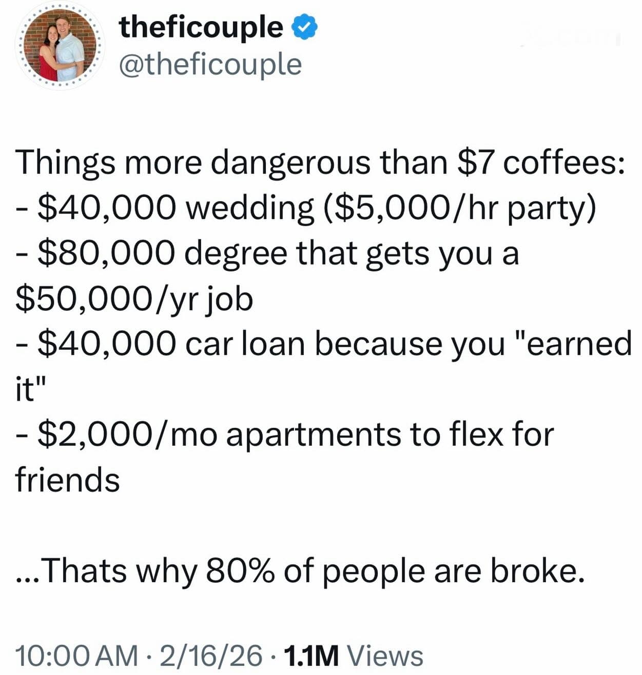 A harsh financial truth meme dump listing massive expenses like $40,000 weddings, $80,000 degrees, and $40,000 car loans as the real reasons people are broke, rather than "$7 coffees."