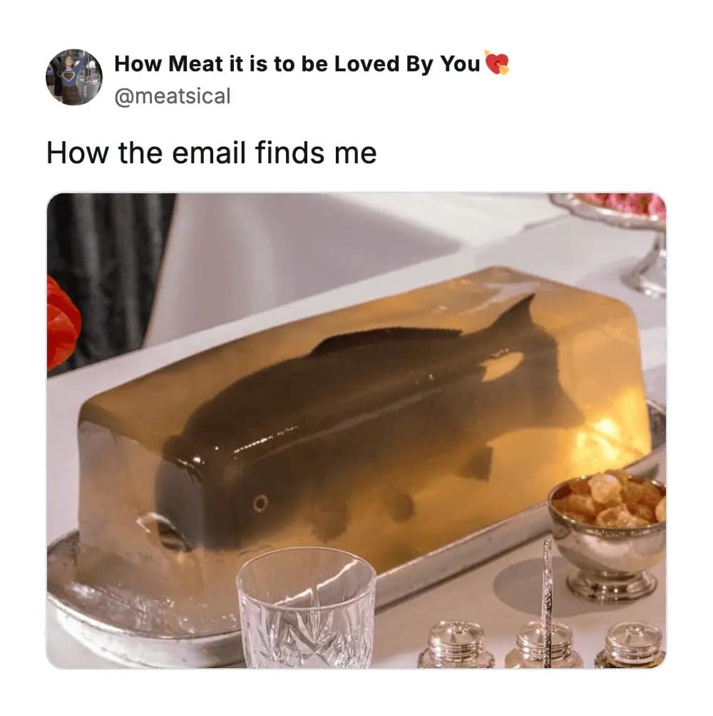 A masterpiece of corporate exhaustion in this meme dump, pairing the polite, standard workplace greeting "How the email finds me" with a highly cursed funny meme image of a whole, dead, grey fish completely entombed inside a solid block of clear gelatin on a fancy silver platter.