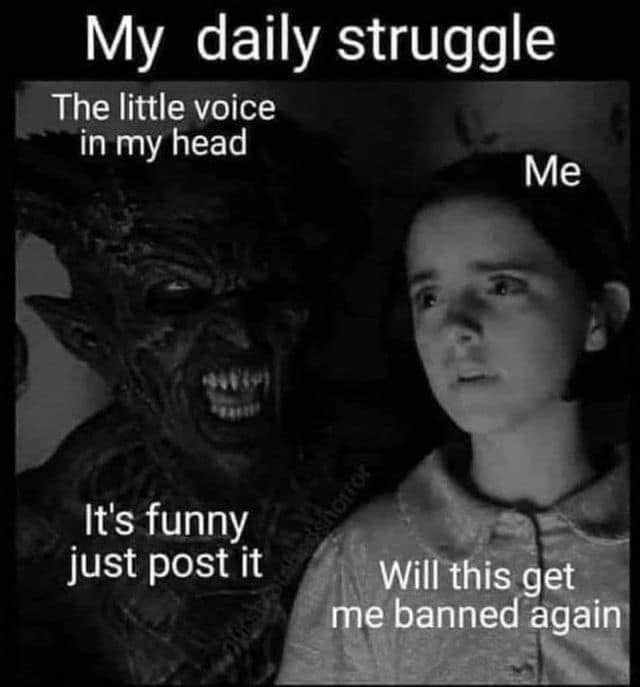 A relatable meme dump image contrasting a scary monster voice saying "post it" with a scared girl worrying about getting banned.