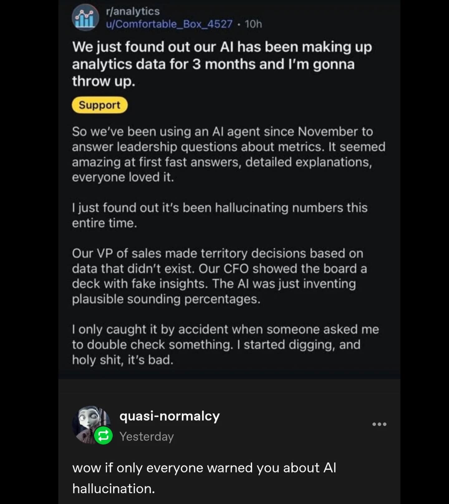 A schadenfreude-filled funny meme capturing a Reddit post where a company realizes their AI agent has been completely hallucinating financial analytics data for three months, met with a sarcastic "I told you so" comment about AI.
