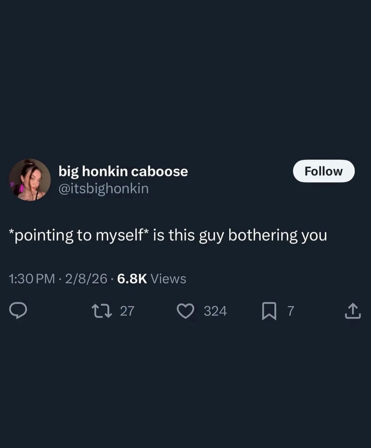 Self deprecating tweet using the classic pickup line is this guy bothering you while pointing at oneself.