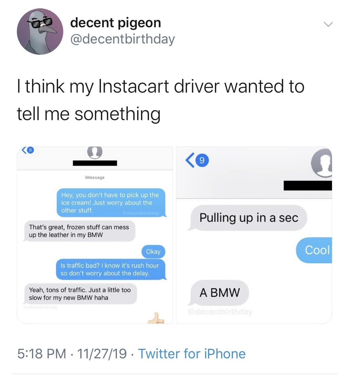 A cringe-worthy funny meme text exchange where an Instacart driver aggressively mentions he drives a BMW four separate times to a customer who absolutely did not ask.