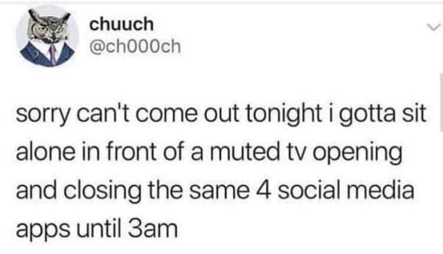 A hilarious meme tweet describing the perfect Friday night: sitting alone, muted TV, and cycling through 4 apps until 3 AM.