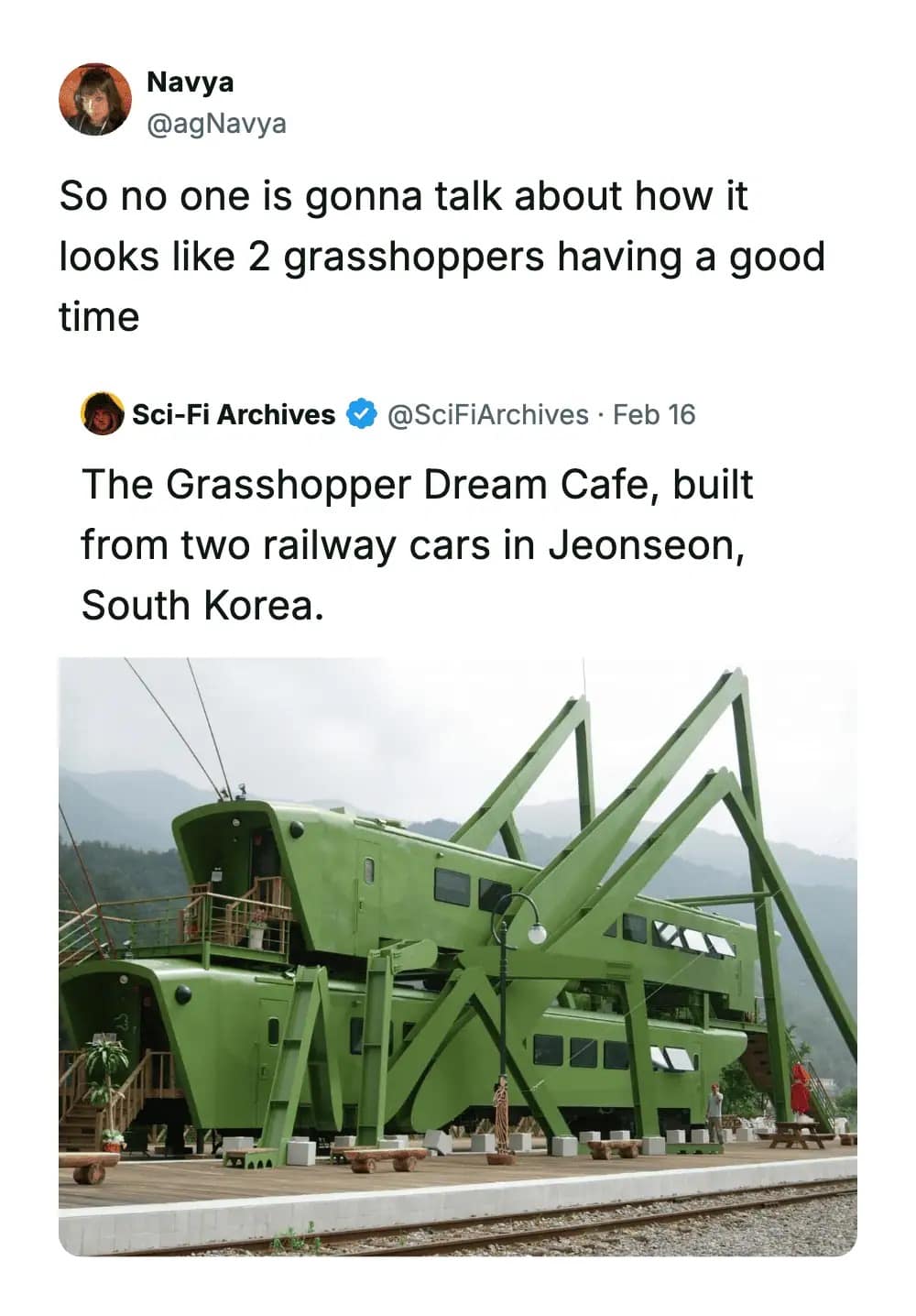 An architectural funny memes observation showing the "Grasshopper Dream Cafe" in South Korea, where two green train cars are stacked in a way that aggressively looks like two giant insects mating.