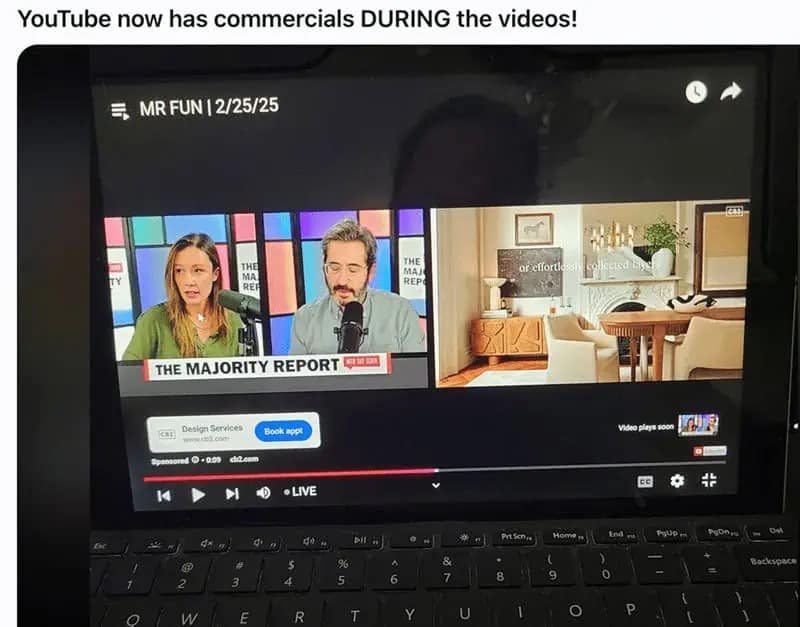 A frustrating funny meme showing YouTube's annoying ad format where commercials play side-by-side with the content, disrupting the video with a "Design Services" ad.