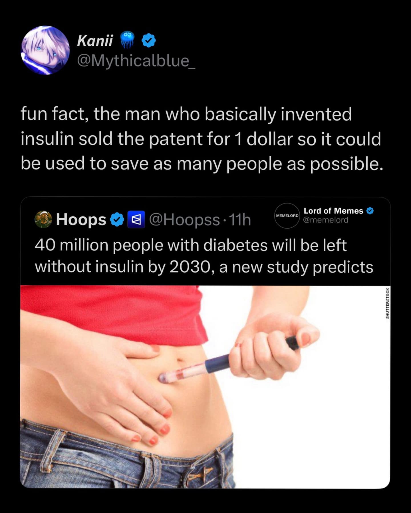A depressing late-stage capitalism meme dump pointing out the dark irony that the inventor of insulin sold the patent for $1 to save lives, yet current studies predict 40 million people won't be able to access it by 2030.