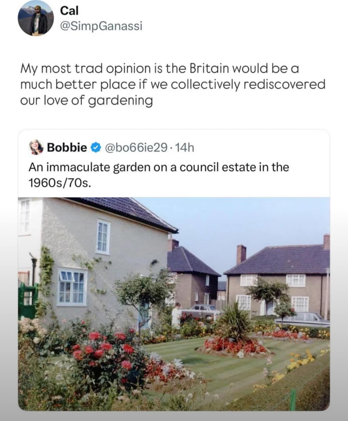 Immaculate 1970s British council estate garden photo. Nostalgic post wishing society would rediscover a love for landscaping.