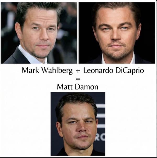 A celebrity doppelgänger meme dump equation flawlessly demonstrating through side-by-side photos that combining the facial features of Mark Wahlberg and Leonardo DiCaprio mathematically equals Matt Damon.