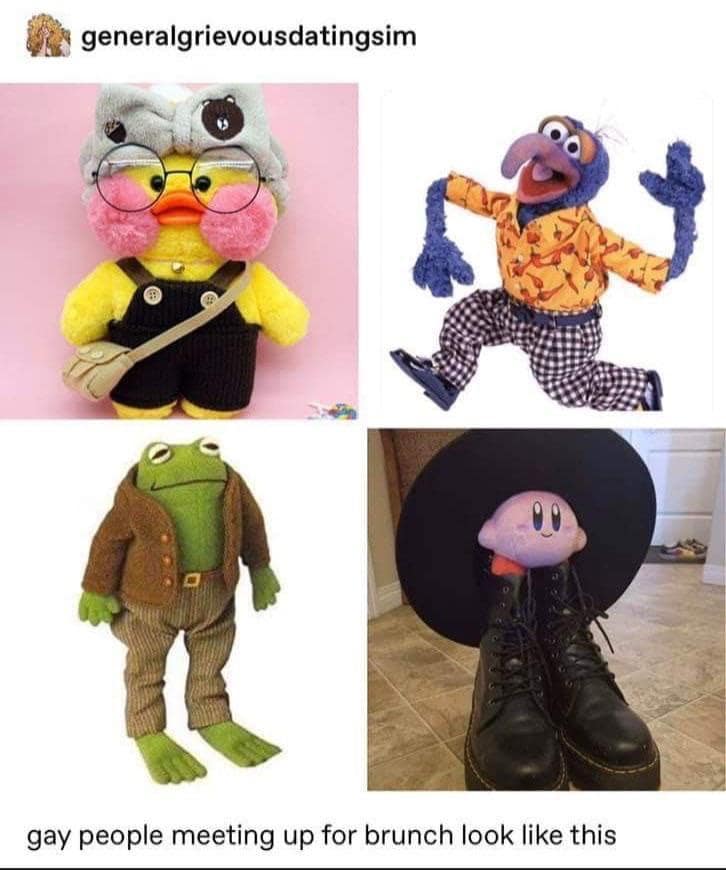 Funny meme: Four-panel grid showing a cute duck, Gonzo, Frog and Toad, and Kirby in boots. Text: "gay people meeting up for brunch look like this"