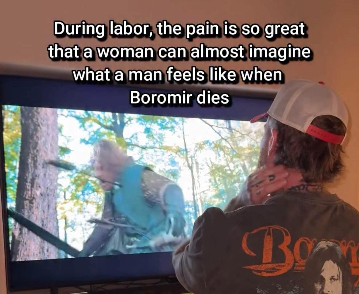 Funny meme: Man watching Lord of the Rings on TV. Text: "During labor, the pain is so great that a woman can almost imagine what a man feels like when Boromir dies"