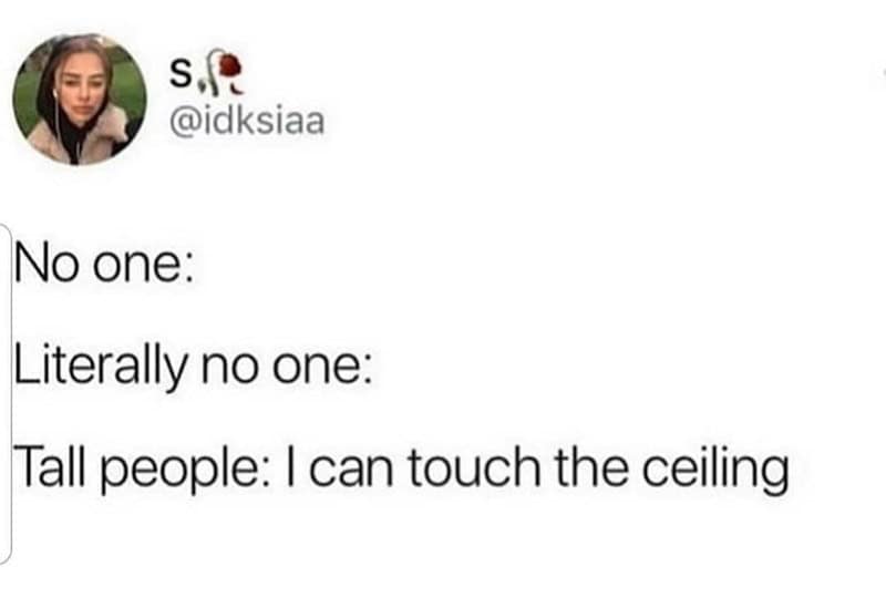 A tall people meme mocking the unsolicited need of tall individuals to announce "I can touch the ceiling" even when absolutely no one asked.