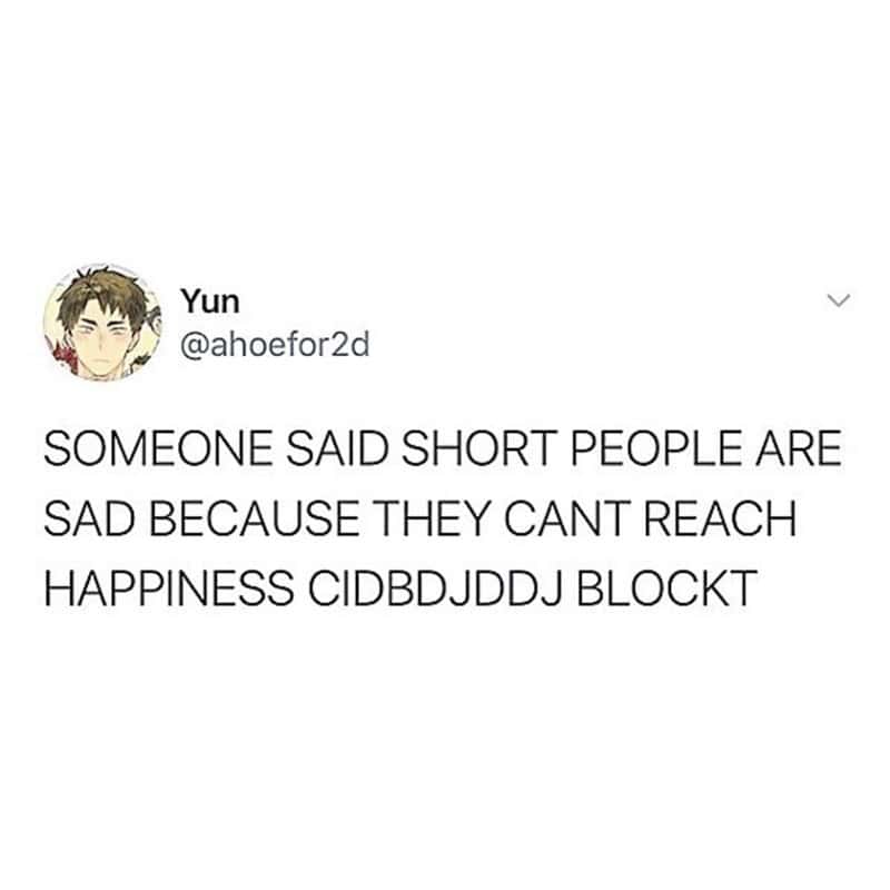 A savage short people meme text post joking that the reason short people are sad is physically because they "can't reach happiness."