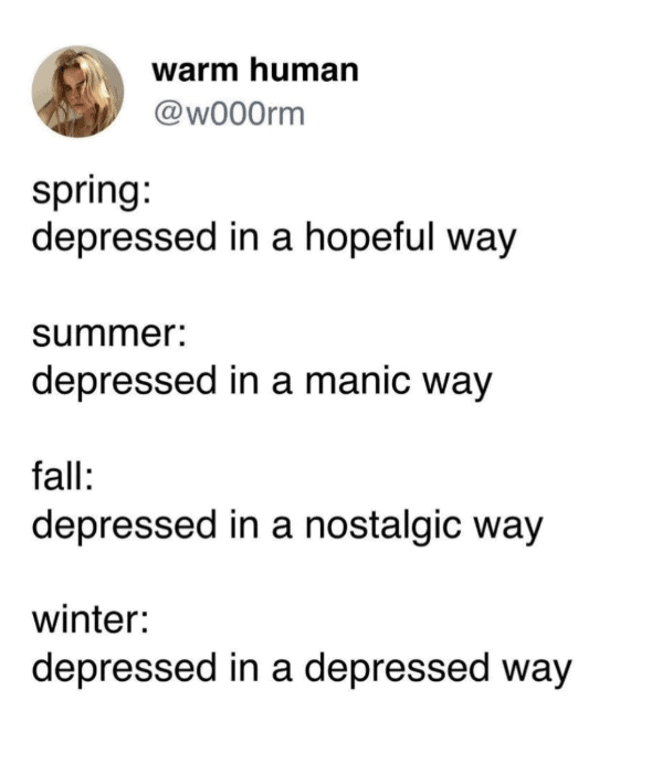 Funny mental health tweets breaking down the seasonal variations of depression, ranging from "hopeful" in the spring to purely "depressed in a depressed way" in winter.