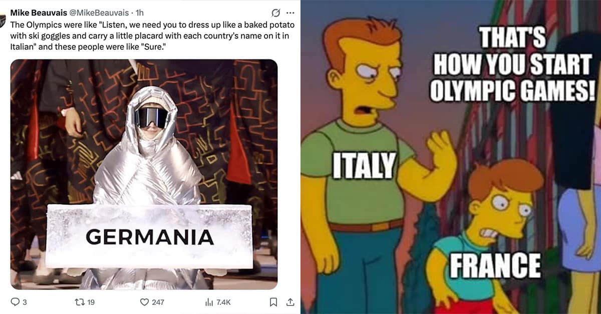 A compilation of Milan Olympics opening ceremony memes featuring the "Eye of Sauron" cauldron, the "baked potato" German outfit, and the Stargate portal.