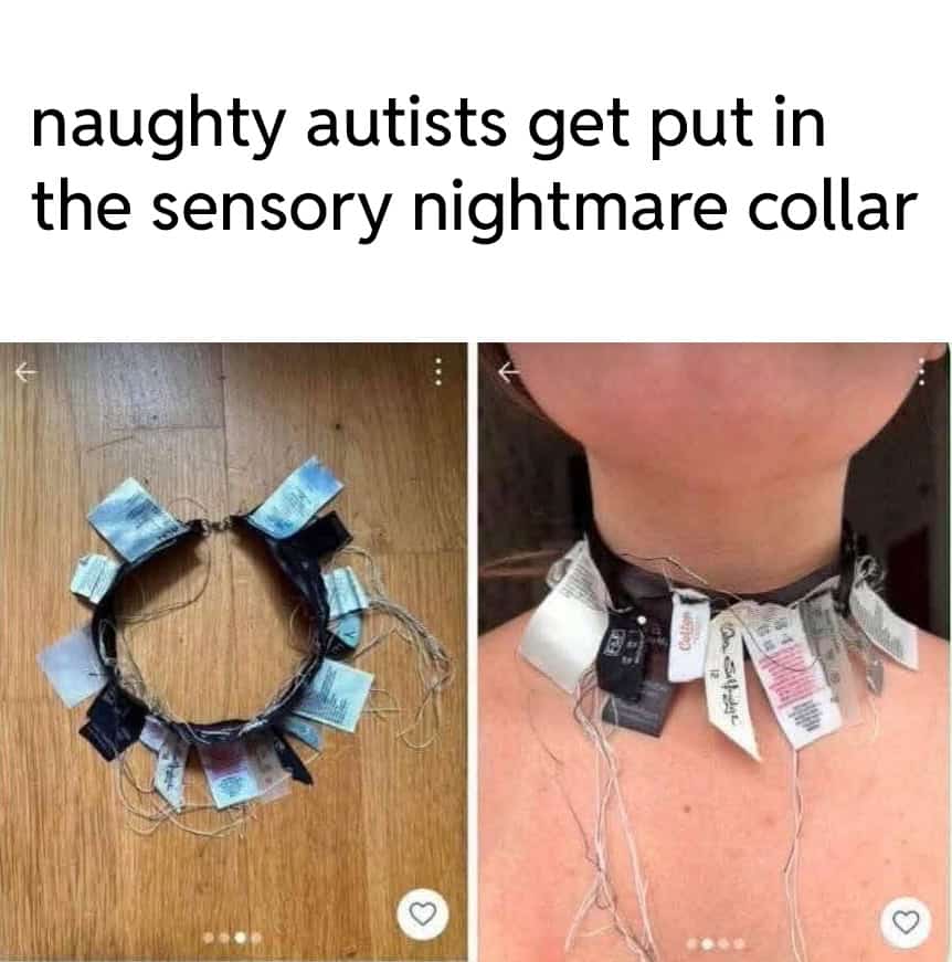 A "sensory nightmare collar" handmade from dozens of scratchy clothing tags and loose threads.