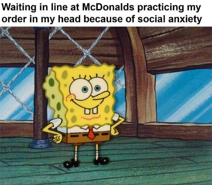 Spongebob Squarepants standing confidently while practicing a McDonalds order in his head to avoid anxiety