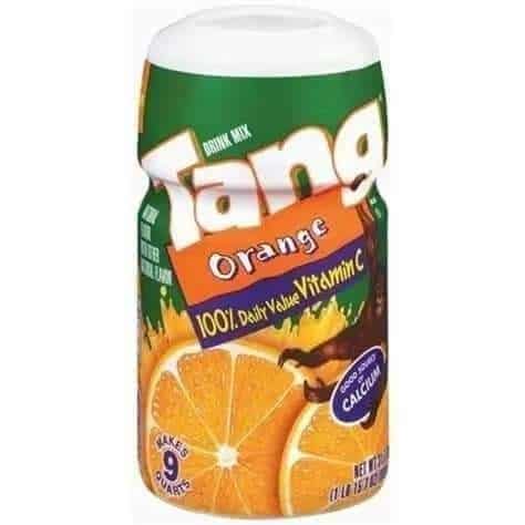 A canister of Tang Orange drink mix, a nostalgic drink famously marketed as the beverage chosen by astronauts for space travel.