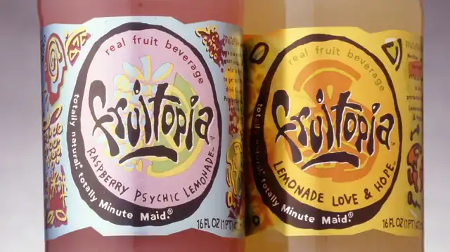 Two bottles of Fruitopia in Raspberry Psychic Lemonade and Lemonade Love & Hope flavors, a classic nostalgic drink known for its psychedelic 90s branding